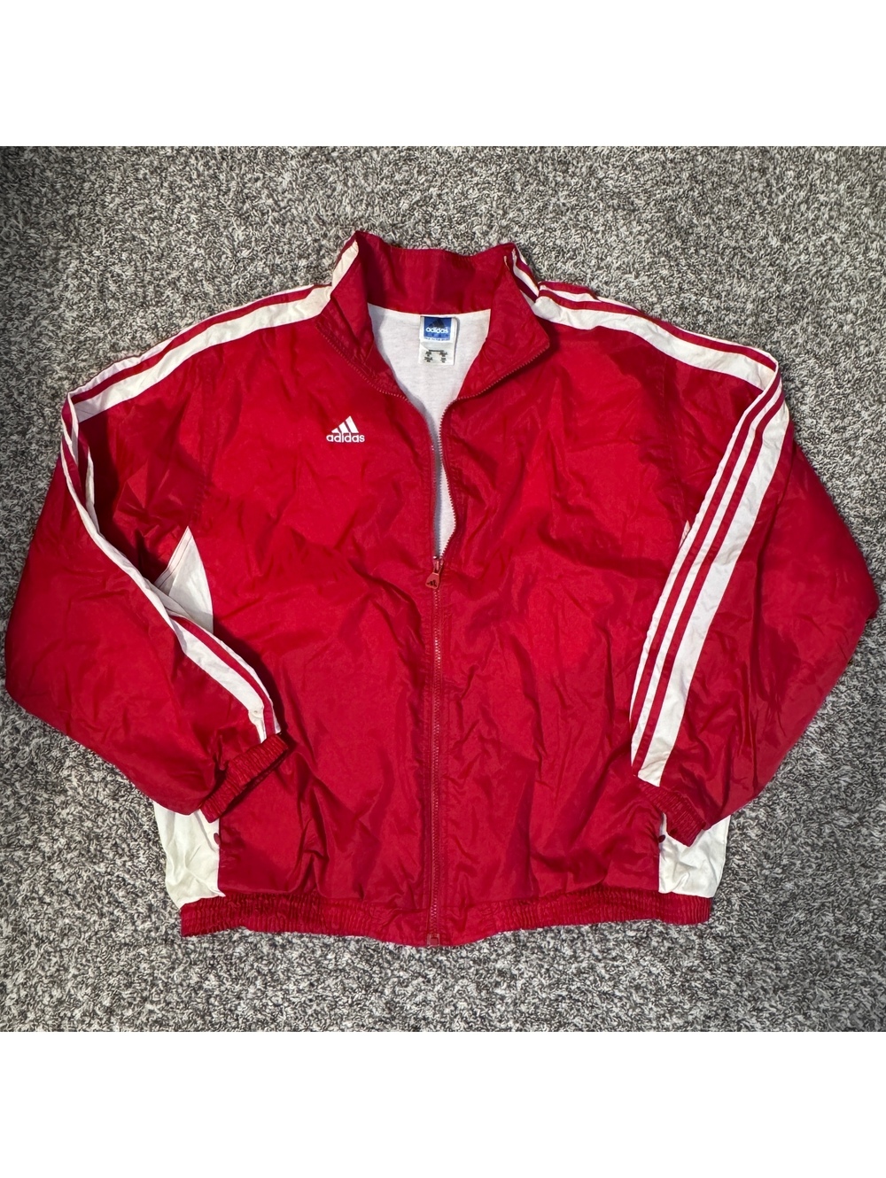 Vintage Adidas Track Jacket XL Red White 3 Stripe Y2K Windbreaker